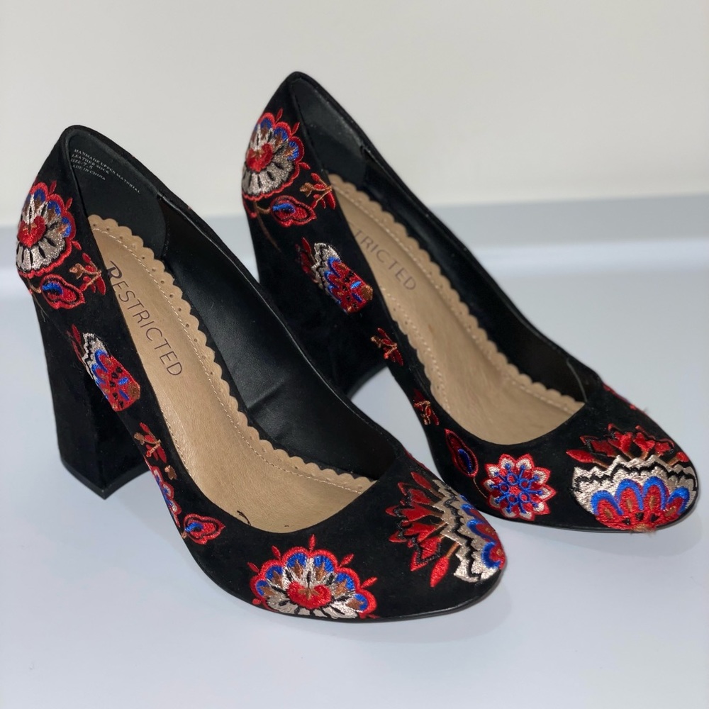 Black Suede Platform Heels with Red flower details